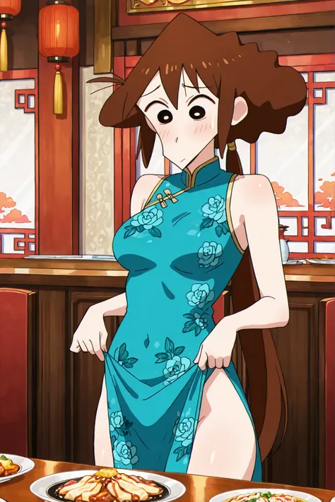 NSFW, Masterpiece, best quality, high resolution, very detailed, lora: misae nohara, dark brown hair、China dress, sleeveless,Chinese restaurant, (medium breasts)