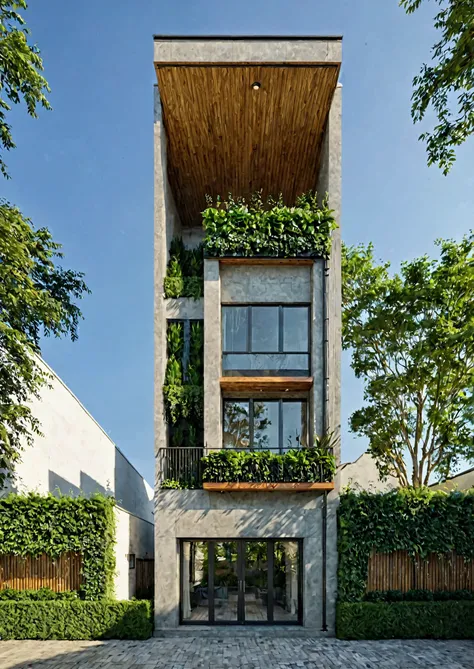 This image showcases a modern, no roof, gray mable front 1st floor, narrow townhouse featuring a contemporary and minimalist design. Key aspects include:
 **Structure and Design:** 
  - Tall and slender to maximize space on a small plot.
  - Primarily whit...