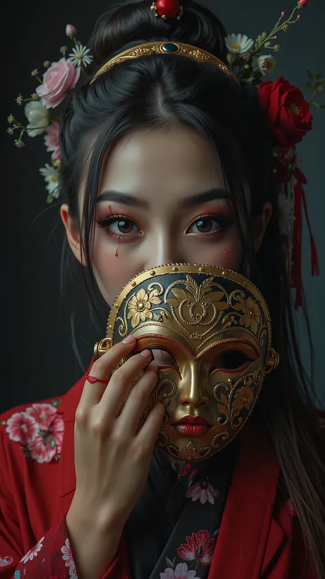 A Japanese idol holding a decorative half-mask to her face, only one cold, intense eye visible, dark moody background, photorealistic portrait, cinematic lighting, mysterious and unsettling atmosphere, high detail, 85mm lens style