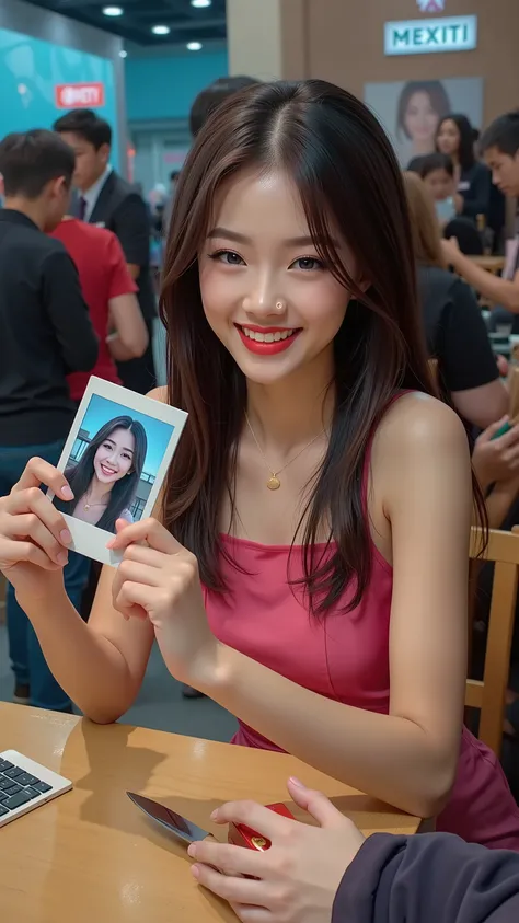 A Japanese idol girl smiling brightly while taking a polaroid photo with a fan, in a meet-and-greet setting, pink cute outfit, but a knife handle subtly sticking out of her bag on the table, photorealistic, cinematic lighting, hidden darkness in cheerful s...