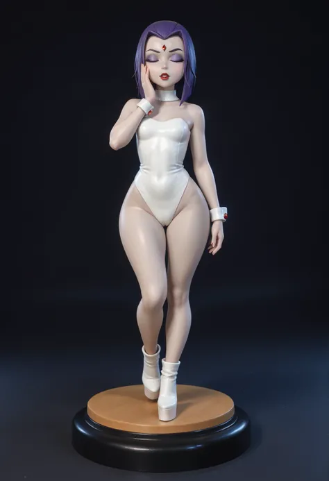 rachel roth, colored skin, grey skin, purple hair, medium hair, forehead jewel, purple eyes, small breast, huge hips, dark red lips.| score_9, score_8_up, score_7_up, faux figurine, nendoroid, full body, figure, platform, solo, Anime, 1girl, masterpiece, b...