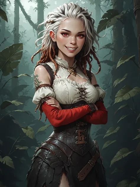 Slender body. White skin. Cute 18-year-old Aztec girl with big Asian red eyes and unnaturally sharp teeth and black dreadlocks with white highlights. Sharp and pointy teeth. Smile. She has a cute and beautiful face. She has a round and young face with a po...