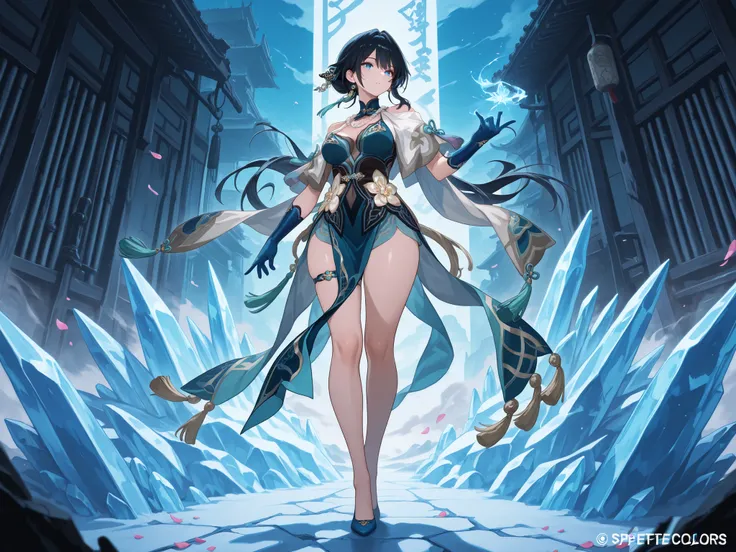 Battlefield with plum petals fluttering、dark-haired RuanMeibren preparing to attack、ice effect with a mixture of blue and green shining from fingers in a dancing gesture、full-body wide shot、ultra high definition anime style、アクリル絵の具によるsuper quality油絵の表現、Hai...