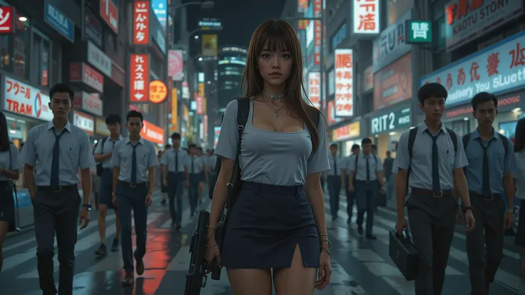 masterpiece, top quality, very detailed,Kampala , (realistic, photorealistic:1.37), (Cowboy Shots for Men  :1.3),( thighs:1.5),  Excellent Anatomy,beautiful woman,(high school girl,Actually, a small smile involving the parent of the yakuza:1.5),Keen Eyes,(...
