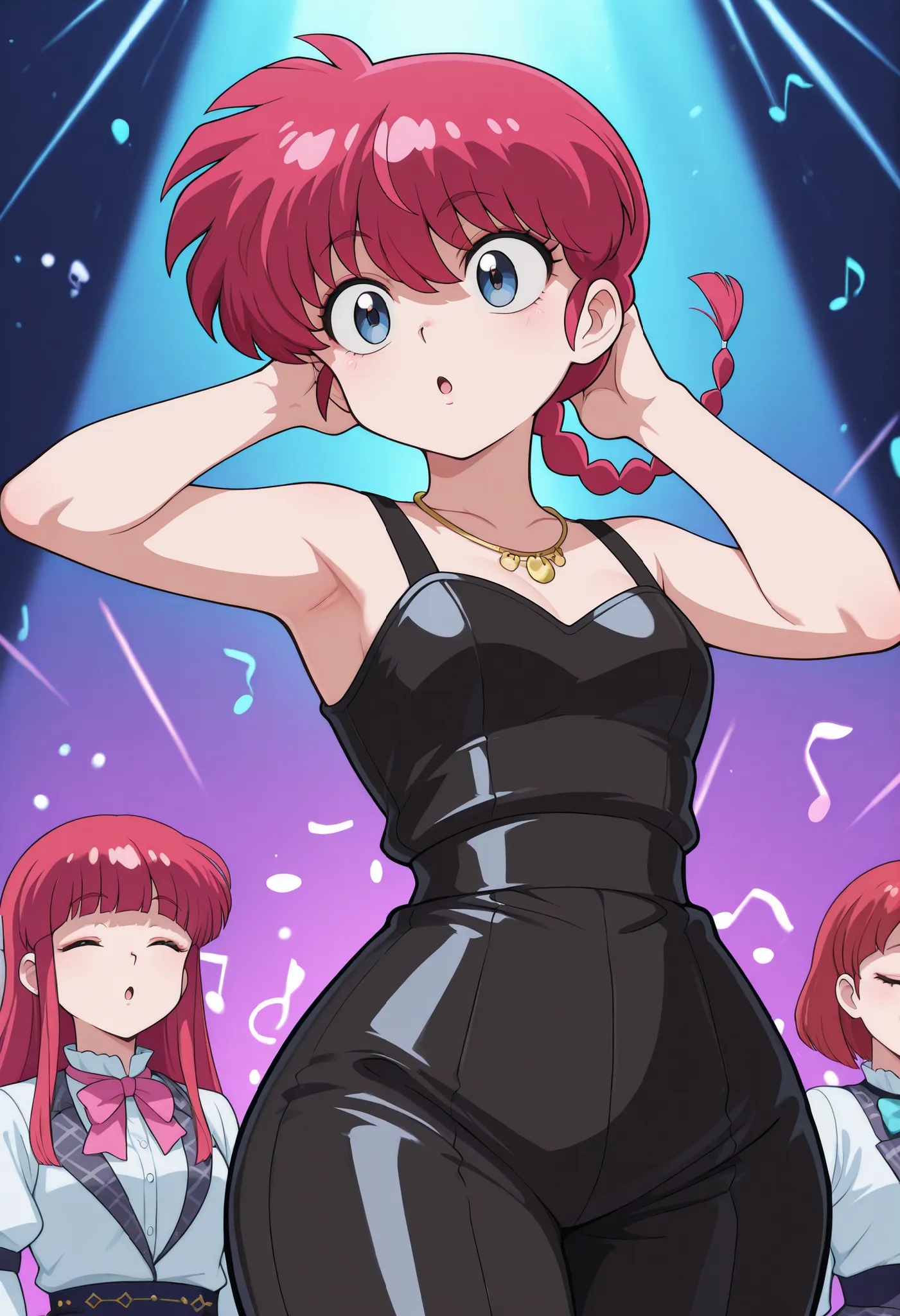 safe_pos, Ranma Saotome. red hair. pigtail. blue eyes. braid. small breasts. huge hips. necklace. black eyeliner. pink manicure. |  Location: A small concert venue. The spectators are lying unconscious with their backs on the ground, covering their ears. T...