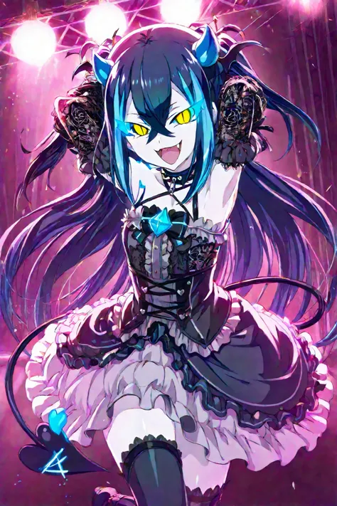 *"Gothic lolita succubus idol (1.0), pale skin, long black hair with blue highlights (1.2), glowing yellow eyes with slit pupils (1.3), small curved horns (1.1), heart-tipped tail (1.2). Outfit: black corset dress with lace sleeves (1.3), spiked choker (1....