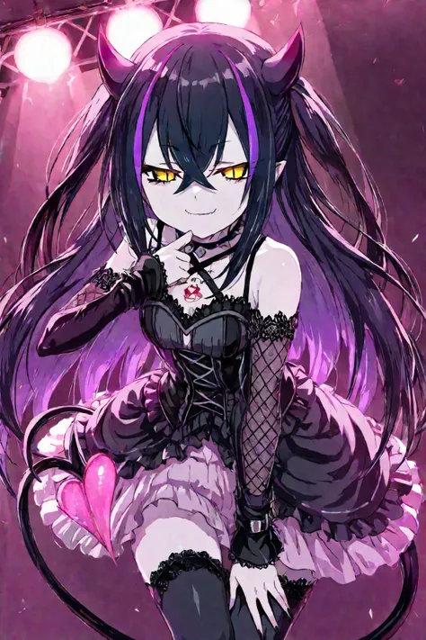 *"Gothic lolita succubus idol (1.0), pale skin, long black hair with purple highlights (1.2), glowing yellow eyes with slit pupils (1.3), small curved horns (1.1), heart-tipped tail (1.2). Outfit: black corset dress with lace sleeves (1.3), spiked choker (...