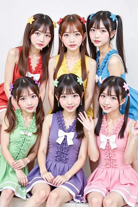 shoot above the knee,((5-person idol unit)),((Attach a large star-shaped hair clip of each color to the head)), ((red:long hair、頭にredい大きな星形のヘアクリップ),(green:short hair、頭にgreenい星形の大きなヘアクリップ)),  ((green:Short Bob、 has all the bangs、頭にgreen色で星形の大きなヘアクリップ)),   (...