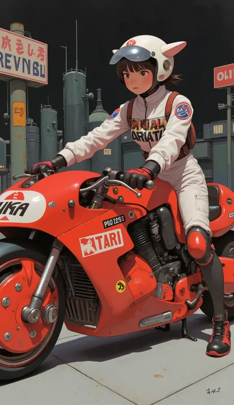 confident young people complementing futuristic, Mr.々glossy red motorcycles with, decals, atari, And something similar to NASA. She's wearing a bright white jumpsuit and、with lots of patches and symbols, racing gear, with knee and elbow pads. wearing a bri...