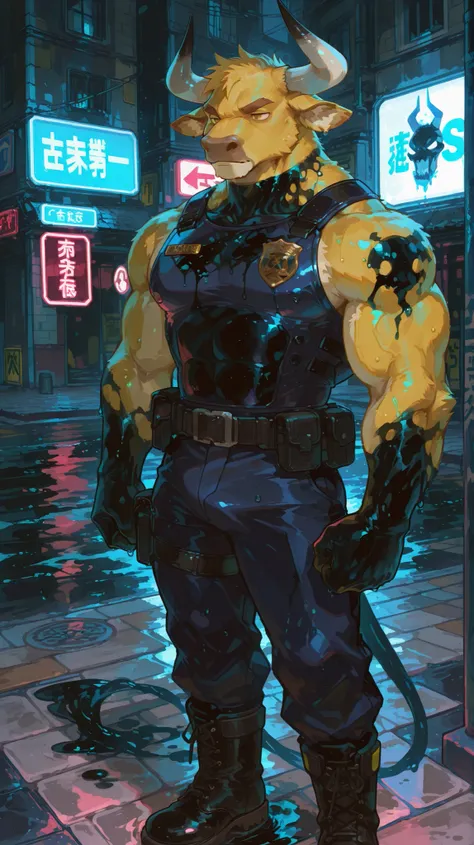 Minotaur police officer with towering muscular build, thick short deep-yellow fur with healthy sheen, polished creamy-white curved horns, strong bovine facial structure featuring broad nose and alert ears, focused expression blending vigilance and calmness...