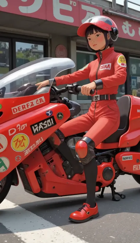 Bulma、confident young people complementing futuristic, Mr.々glossy red motorcycles with, decals, atari, And something similar to NASA. wearing bright red jumpsuits and、with lots of patches and symbols, racing gear, with knee and elbow pads. Japanese kanji a...