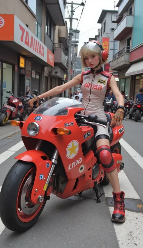 Aerial photography、Bulma、confident young people complementing futuristic, Mr.々glossy red motorcycles with, decals, atari, And something similar to NASA. She's wearing a bright white jumpsuit and、with lots of patches and symbols, racing gear, with knee and ...