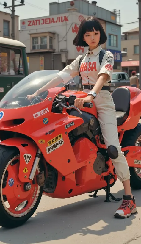 Aerial photography、Bulma、confident young people complementing futuristic, Mr.々glossy red motorcycles with, decals, atari, And something similar to NASA. She's wearing a bright white jumpsuit and、with lots of patches and symbols, racing gear, with knee and ...
