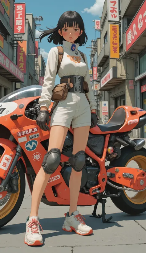 Bird's Eye View、Bulma、The confident girl is also wearing futuristic, Mr.々decals including branded stickers, A glossy white motorcycle with, atari, And something similar to NASA. She's wearing a bright white jumpsuit and、with lots of patches and symbols...