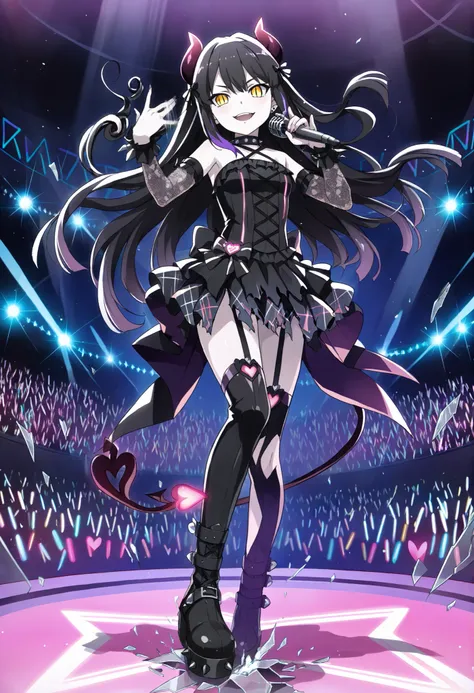 *"Gothic lolita succubus idol (1.0), pale skin, long black hair with purple highlights (1.2), glowing yellow eyes with slit pupils (1.3), small curved horns (1.1), heart-tipped tail (1.2) small succubus wings(1.2). Outfit: black corset dress with lace slee...