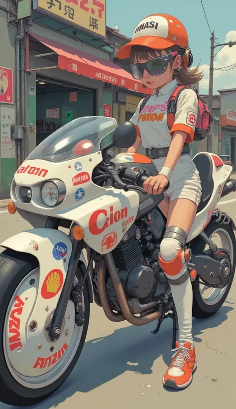 dutch angle 、Bulma、The confident girl is also wearing futuristic, Mr.々decals including branded stickers, A glossy white motorcycle with, atari, And something similar to NASA. She's wearing a bright white jumpsuit and、with lots of patches and symbols, racin...