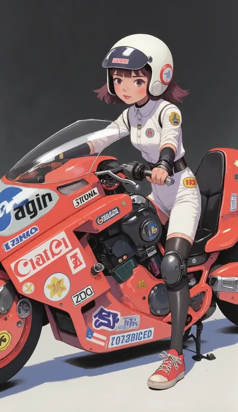 dutch angle 、Bulma、The confident girl is also wearing futuristic, Mr.々decals including branded stickers, A glossy white motorcycle with, atari, And something similar to NASA. She's wearing a bright white jumpsuit and、with lots of patches and symbols, racin...