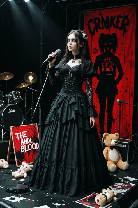 A gothic girl idol stands on a ruined concert stage, wearing a tattered red-and-black costume with intricate lace and metallic accessories. In her hand is a shattered microphone, and around her lie broken stuffed toys and smears of red paint like blood. Th...