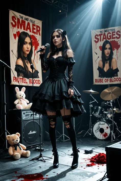 A gothic girl idol stands on a ruined concert stage, wearing a tattered red-and-black costume with intricate lace and metallic accessories. In her hand is a shattered microphone, and around her lie broken stuffed toys and smears of red paint like blood. Th...