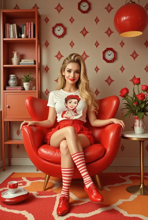 8k, Masterpiece, Top Quality, Blonde bouffant hairstyle.  Smiling expression. White t-shirt, red and white illustration. Red mini skirt. Red and white striped knee-high socks. Red shoes. Relaxed pose. Red egg-shaped chair.  Orange and red geometric pattern...