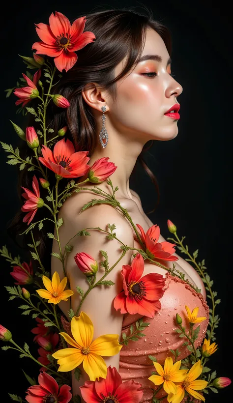  The profile of a woman adorned with flowers and stylized leaves ,  that merge artistically and fluidly with your body and hair . The color palette is vibrant, with shades of red, predominant yellow and green ,  especially in the flowers that decorate the ...