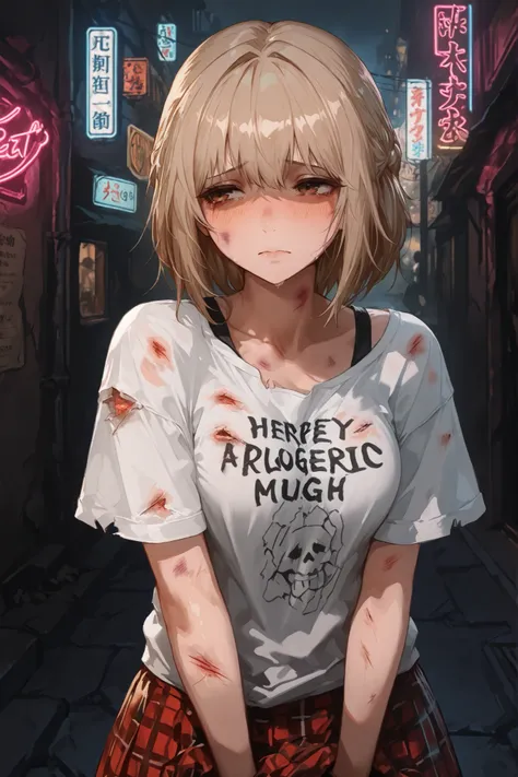 High quality, hd, 4k, masterpiece, detailed illustration, 1girl, solo, shy, ashamed, uneasy, uncomfortable, tattered clothes, modest, innocent, light brown hair, brown eyes, hurt, soft , poor, beggar, somber, macabre atmosphere, alleyway, neon lights in th...