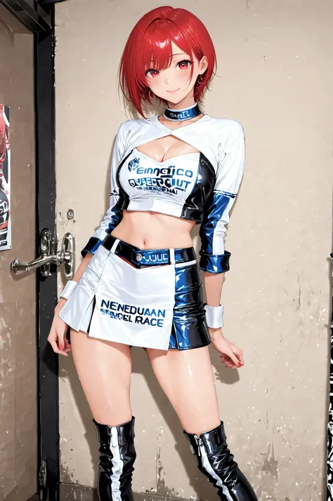 (masterpiece, detailed:1.2),race queen outfit,older sister　Red hair with a black base　straight short hair　Race Queen Outfit　enamel　knee-high boots　red eyes　is cool　Standing Pose　Beautiful woman　adult woman　micro mini skirt　 Pichi Pichi 　Smile　Blue and Whit...