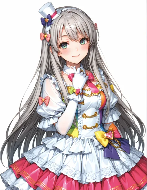 cute idol in colorful costume,colorful colored mini dress,Long-sleeved bolero ， ash grey hair,big and voluminous bow tie,white lolita gloves,looking here,tilt your neck slightly and smile，Big Ribbons on the Head