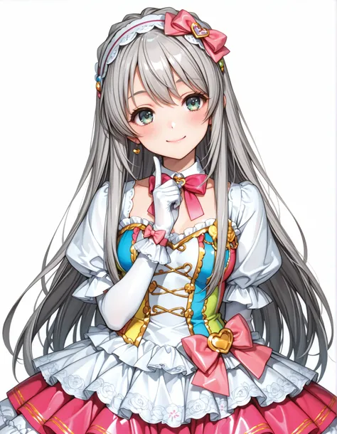 cute idol in colorful costume,colorful colored mini dress,Long-sleeved bolero ， ash grey hair,big and voluminous bow tie,white lolita gloves,looking here,tilt your neck slightly and smile，Big Ribbons on the Head