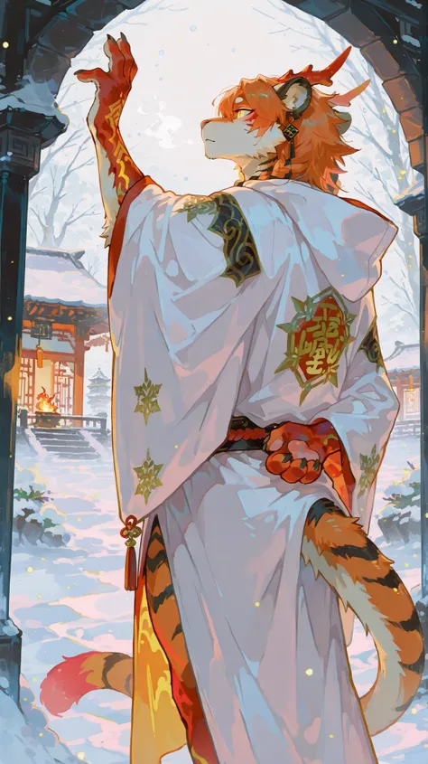 masterpiece, best quality, 8K resolution, HDR,4K resolution, sharp focus, vibrant colors, anime cel-shading style: Semi-realistic anime with detailed furry features, 1 tiger furry male (夕年, Nian Beast, God of Happiness), orange fur with black stripes, blac...