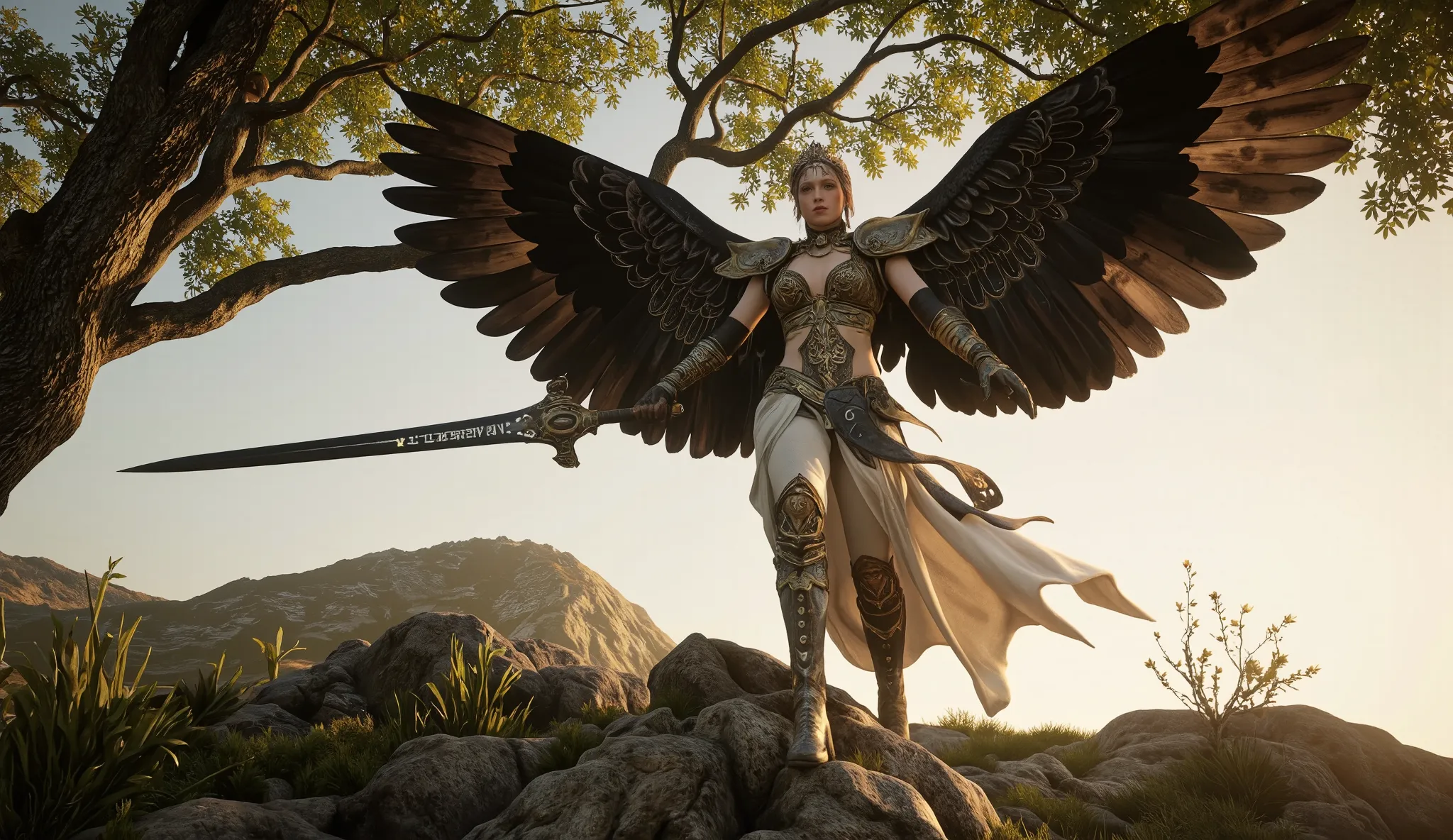Epic extreme low‐angle Dutch shot of a A stunning young woman with elaborate RPG-style clothing—detailed armor mixed with flowing fabric. She has large, black wings with realistic feather textures extending from her back. She holds an intricately detailed ...