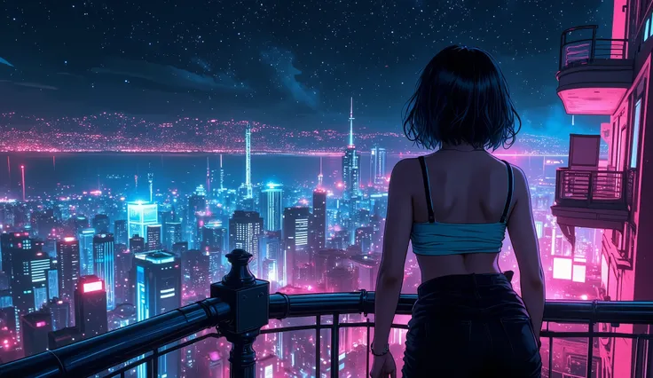A breathtaking night scene of a futuristic city glowing with countless neon lights and reflections, spanning wide across the horizon. A young woman with short blue hair, shown from the waist up, leans slightly on a railing as she gazes quietly at the vibra...