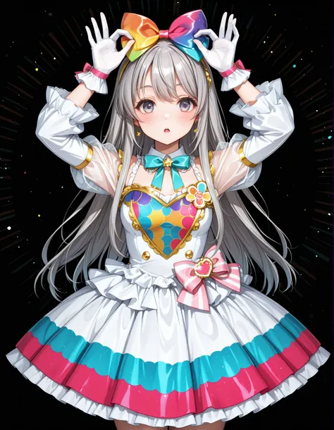 cute idol in colorful costume,colorful colored mini dress,Long-sleeved bolero ， ash grey hair,Very large and voluminous bow tie,white lolita gloves,looking here,cute dynamic Bose，reach out to the viewers，Big Ribbons on the Head，colorful stages