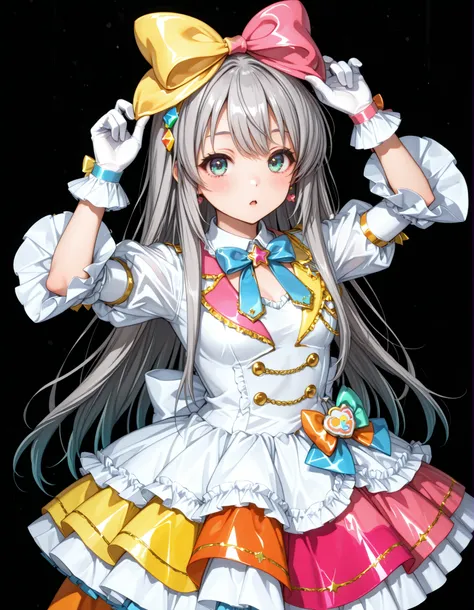 cute idol in colorful costume,colorful colored mini dress,Long-sleeved bolero ， ash grey hair,Very large and voluminous bow tie,white lolita gloves,looking here,cute dynamic Bose，reach out to the viewers，Big Ribbons on the Head，colorful stages