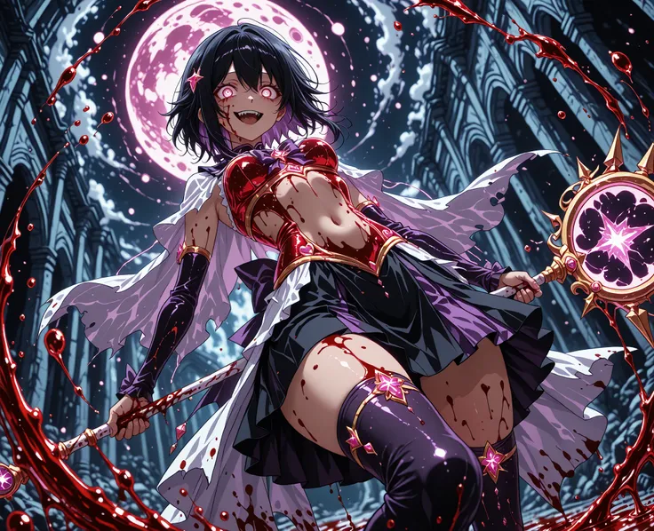 blood on splash, blood drip,blood splatter, blood splash, splash, liquid,Simple Anime Style, JJK Anime Style, line_art, simple_lineart, flat_color, limited_palette, minimal_shading, clean_background, smooth_lines, no_texture,bioluminescent elements, magica...