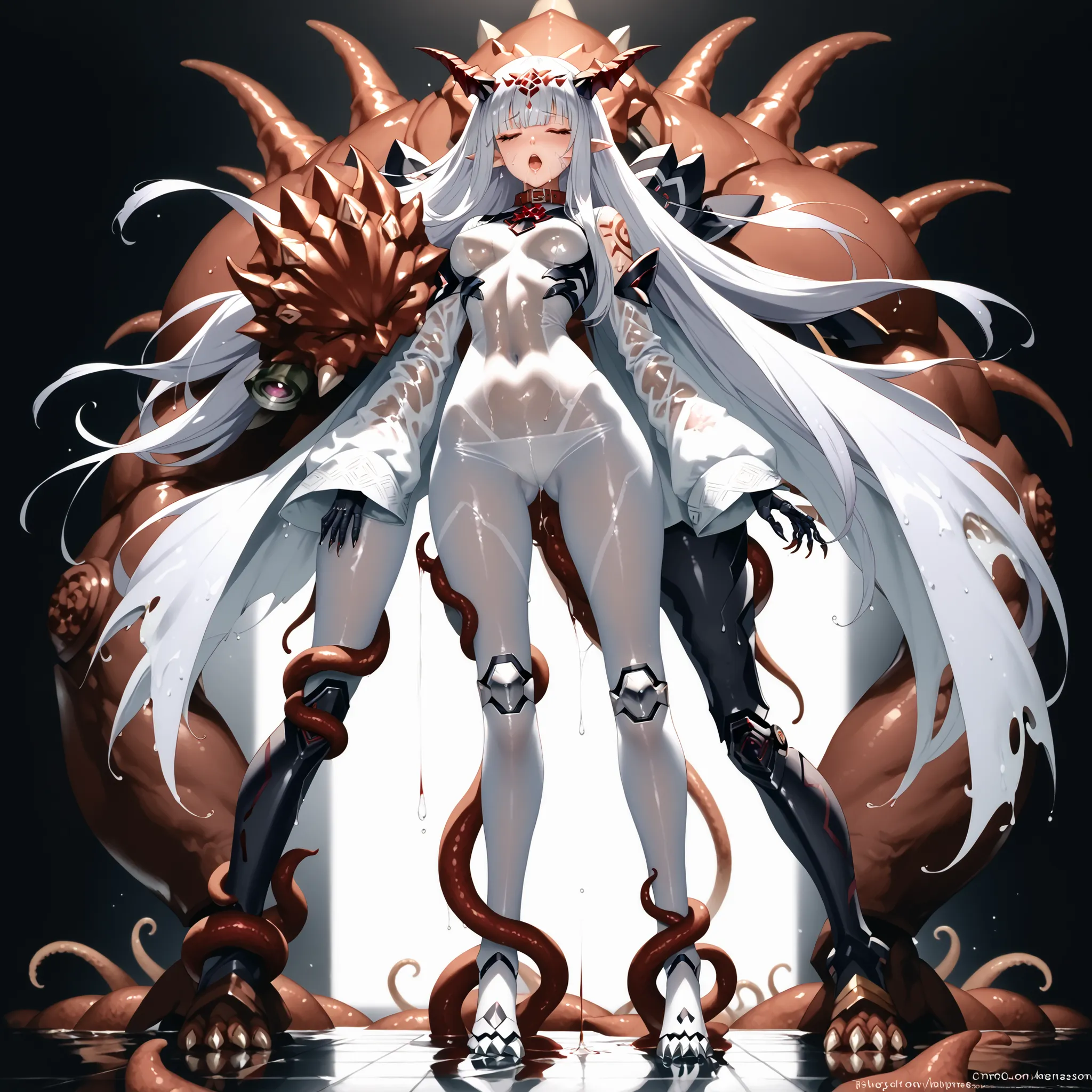 1girl, white dress, white hair, dragon girl, white pantyhose, claws, large breasts, dragon tail, standing, water, long sleeves, full body, wings,tail,claws,horns,standing,dripping,heart,tattoo,no humans,tile floor,blood, animal ears,open mouth,horns,tail,l...