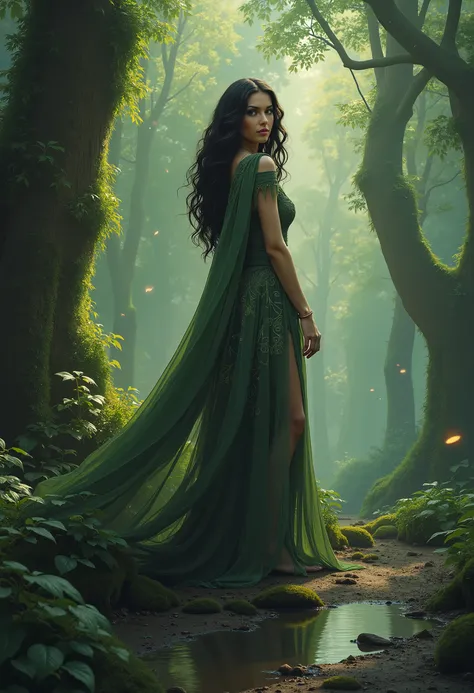 a gorgeous lovely brunette witch stands near a water puddle in the forest . the puddle is separate from the woman.