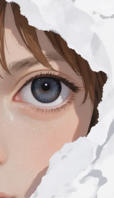 close-up of a person's face peeking through a hole in the paper, girl with white eye, artwork in the style of Gwaiz, can be seen , beautiful artistic illustrations, eyeなし, clear eye concept art, trending anime art work, Butterflies fly, trending anim...