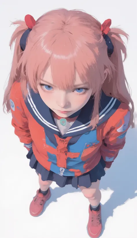 Pink bob haircut with bangs, wearing a red and blue oversized jacket, sailor style uniform with dark skirt, colorful sneakers , Standing pose seen from above with the head down, Turn the head down , focus gaze, Combining natural and dyed hair, white backg...