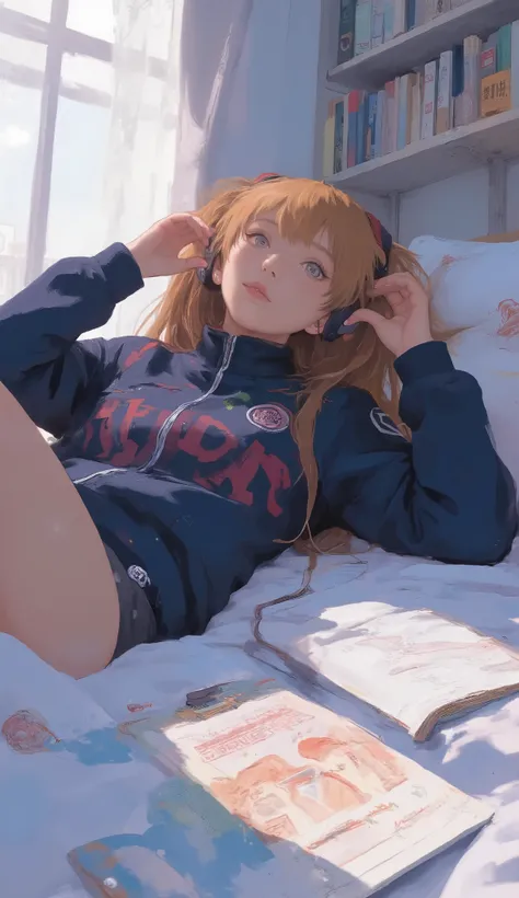 Japanese high school girl relaxing in her room , Traditional painting , by Shinoda Toko , Ayako Rokkaku , mural, Full page illustration , Japanese painting, Comic stills , art work , dark blue and Bordeaux album jacket , lace curtains、Lots o...