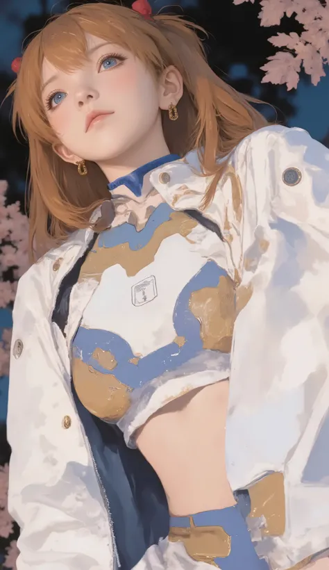 drone aerial view 、shot from above、Superior、loveCL、smile, High bun with hair bow, Two-tone blue and gold bikini, White cropped jacket with gold trim, bold earrings , cheerful pose , Support your chest with both hands、Leaning forward, big boobs、Highlig...