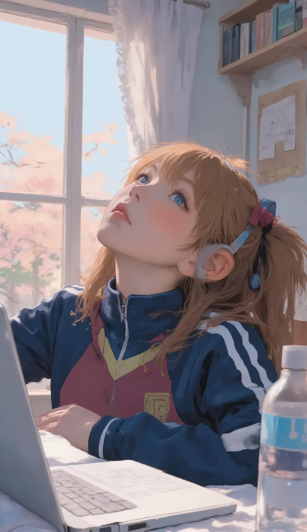 Japanese high school girl relaxing in her room , Traditional painting , by Shinoda Toko , Ayako Rokkaku , mural, Full page illustration , Japanese painting, Comic stills , art work , dark blue and Bordeaux album jacket , lace curtains、Lots of comics line...