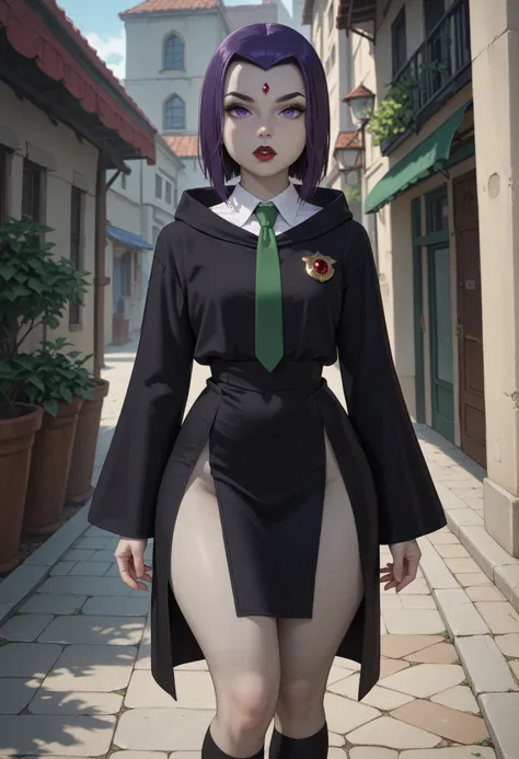 rachel roth, colored skin, grey skin, purple hair, medium hair, forehead jewel, purple eyes, small breast, huge hips, dark red lips.| score_9, score_8_up,score_7_up, source_anime, 1girl, solo,black robe, hood down, wide sleeves, green necktie, diagonal-str...