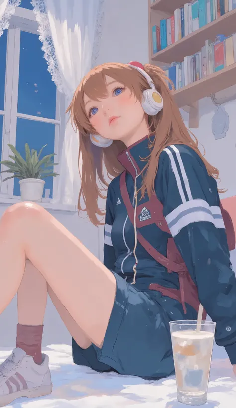 Japanese high school girl relaxing in her room , Traditional painting , by Shinoda Toko , Ayako Rokkaku , mural, Full page illustration , Japanese painting, Comic stills , art work , dark blue and Bordeaux album jacket , lace curtains、Lots of comics line...