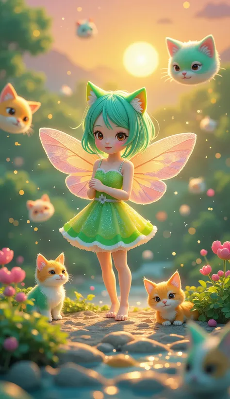 fairy girl,1girl, cute little girl playing with cats,floating in the air,green hair,With wings,sparkle,graceful standing posture,fantasy,Landscape Background,Sunset Sky ,4K high definition,High quality painting,Precise paint,photorealistic,HDR,bokeh,Vivid ...