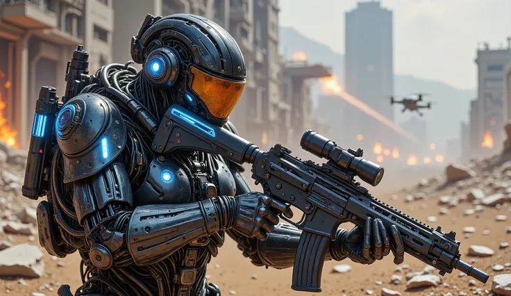 pinkmechalux, A highly detailed futuristic sci-fi soldier in an intense combat scenario, wearing advanced power armor with a sleek metallic design and glowing blue energy lines. His helmet is equipped with an augmented reality HUD display, reflecting tacti...