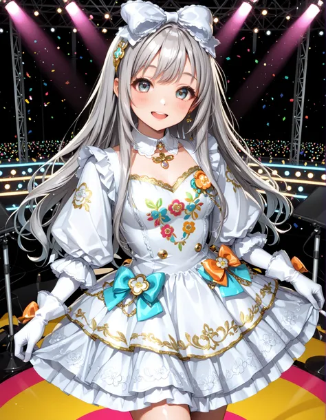 cute idol in glamorous outfits,brightly colored mini dress,Long-sleeved bolero with embroidery， ash grey hair,very big and voluminous bow,white lolita gloves,looking here,bright smiles，Dazzling Smile，cute and dynamic Bose，reach out to the viewers，Big Ribbo...