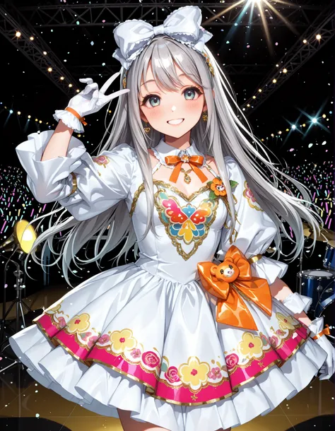 cute idol in glamorous outfits,brightly colored mini dress,Long-sleeved bolero with embroidery， ash grey hair,very big and voluminous bow,white lolita gloves,looking here,bright smiles，Dazzling Smile，cute and dynamic Bose，reach out to the viewers，Big Ribbo...