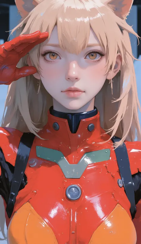 plug suit , red bodysuit , Evangelion , red helmet, space helmet , Blonde、 short hair , Bang, bodysuit , Pilot Suit, plug suit , (red bodysuit :1.5, ( space helmet :1.4), Cat ears, masterpiece, top quality, medium bust、とても美しい girls, Alone, upper b...