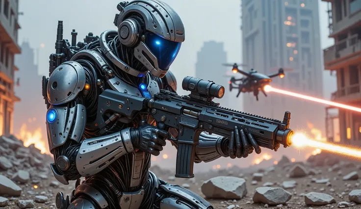 pinkmechalux, A highly detailed futuristic sci-fi soldier in an intense combat scenario, wearing advanced power armor with a sleek metallic design and glowing blue energy lines. His helmet is equipped with an augmented reality HUD display, reflecting tacti...